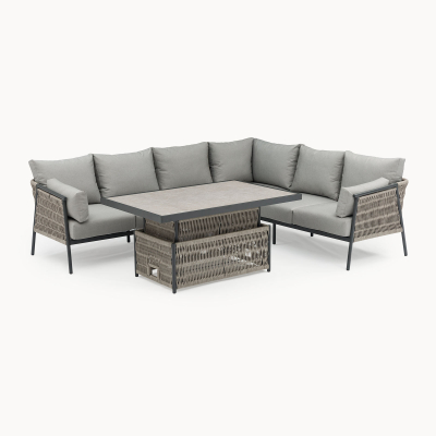 Sophia L-Shaped Corner Rattan Aluminium Lounge Dining Set - Right Handed with Rising Table in Mottled Grey