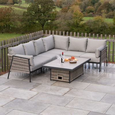 Sophia L-Shaped Corner Rattan Aluminium Lounge Dining Set - Right Handed with Rising Table in Mottled Grey