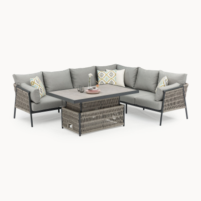 Sophia L-Shaped Corner Rattan Aluminium Lounge Dining Set - Right Handed with Rising Table in Mottled Grey