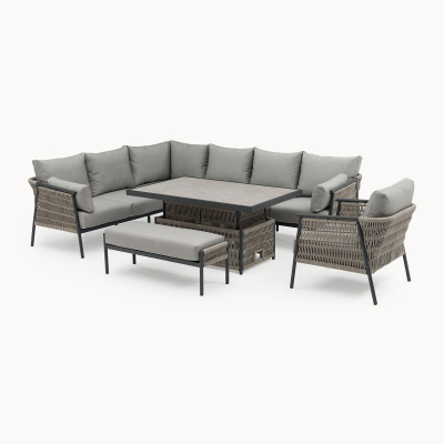 Sophia L-Shaped Corner Rattan Aluminium Lounge Dining Set with Armchair and Bench - Left Handed with Rising Table in Mottled Grey