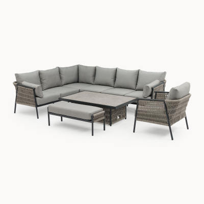 Sophia L-Shaped Corner Rattan Aluminium Lounge Dining Set with Armchair and Bench - Left Handed with Rising Table in Mottled Grey