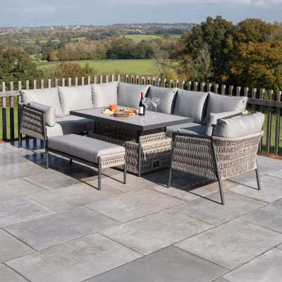 Sophia L-Shaped Corner Rattan Aluminium Lounge Dining Set with Armchair and Bench - Left Handed with Rising Table in Mottled Grey