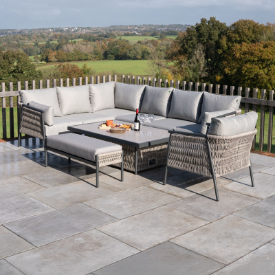 Sophia L-Shaped Corner Rattan Aluminium Lounge Dining Set with Armchair and Bench - Left Handed with Rising Table in Mottled Grey