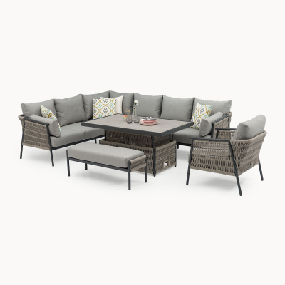 Sophia L-Shaped Corner Rattan Aluminium Lounge Dining Set with Armchair and Bench - Left Handed with Rising Table in Mottled Grey