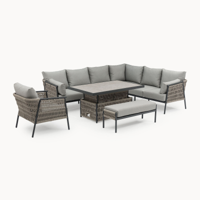 Sophia L-Shaped Corner Rattan Aluminium Lounge Dining Set with Armchair and Bench - Right Handed with Rising Table in Mottled Grey