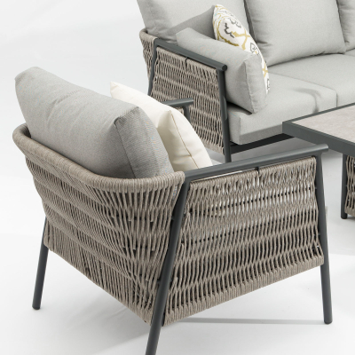 Sophia L-Shaped Corner Rattan Aluminium Lounge Dining Set with Armchair and Bench - Right Handed with Rising Table in Mottled Grey