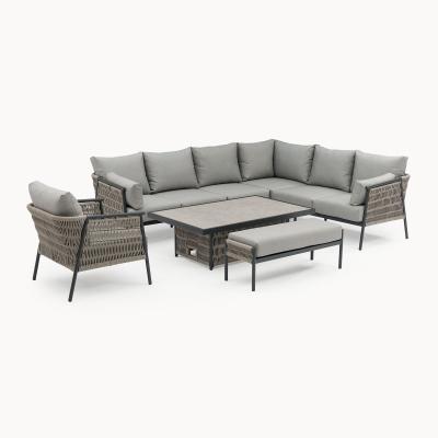 Sophia L-Shaped Corner Rattan Aluminium Lounge Dining Set with Armchair and Bench - Right Handed with Rising Table in Mottled Grey