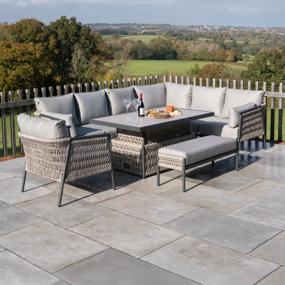 Sophia L-Shaped Corner Rattan Aluminium Lounge Dining Set with Armchair and Bench - Right Handed with Rising Table in Mottled Grey