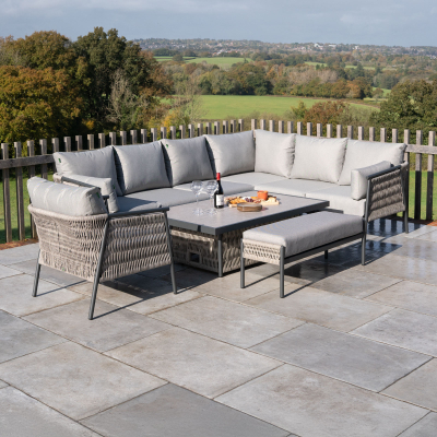 Sophia L-Shaped Corner Rattan Aluminium Lounge Dining Set with Armchair and Bench - Right Handed with Rising Table in Mottled Grey