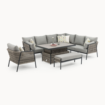 Sophia L-Shaped Corner Rattan Aluminium Lounge Dining Set with Armchair and Bench - Right Handed with Rising Table in Mottled Grey