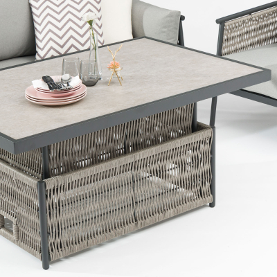 Sophia 3 Seater Rattan Aluminium Lounge Dining Set with 2 Armchairs - Rising Table in Mottled Grey