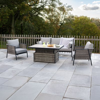 Sophia 3 Seater Rattan Aluminium Lounge Dining Set with 2 Armchairs - Rising Table in Mottled Grey