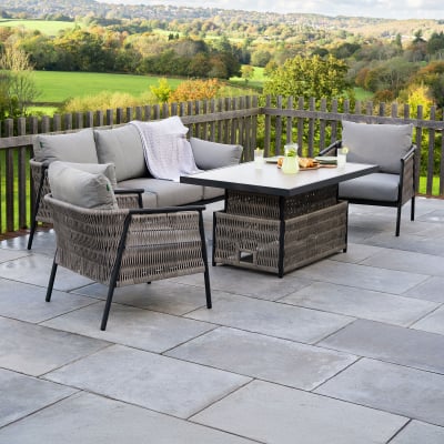 Sophia 3 Seater Rattan Aluminium Lounge Dining Set with 2 Armchairs - Rising Table in Mottled Grey