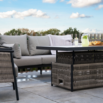 Sophia 3 Seater Rattan Aluminium Lounge Dining Set with 2 Armchairs - Rising Table in Mottled Grey