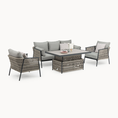 Sophia 3 Seater Rattan Aluminium Lounge Dining Set with 2 Armchairs - Rising Table in Mottled Grey