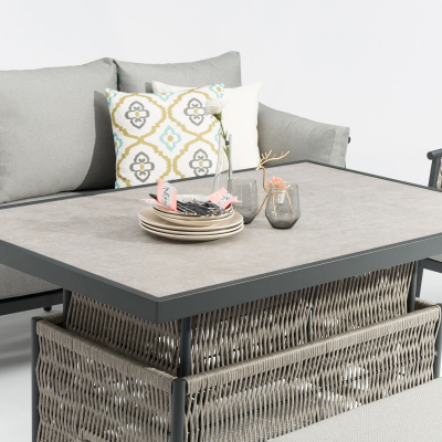 Sophia 3 Seater Rattan Aluminium Lounge Dining Set with 2 Armchairs Bench - Rising Table in Mottled Grey