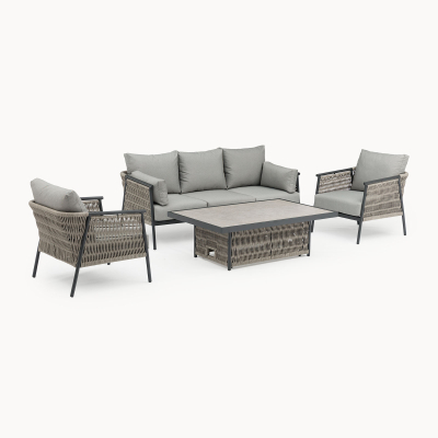 Sophia 3 Seater Rattan Aluminium Lounge Dining Set with 2 Armchairs Bench - Rising Table in Mottled Grey