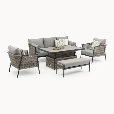 Sophia 3 Seater Rattan Aluminium Lounge Dining Set with 2 Armchairs Bench - Rising Table in Mottled Grey