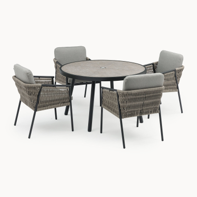 Sophia 4 Seat Rattan Aluminium Dining Set - Round Table in Mottled Grey