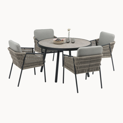 Sophia 4 Seat Rattan Aluminiun Dining Set - Round Table in Mottled Grey