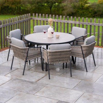 Sophia 6 Seat Rattan Aluminium Dining Set - Round Table in Mottled Grey