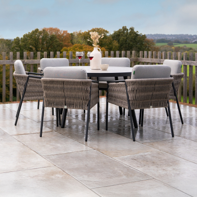 Sophia 6 Seat Rattan Aluminium Dining Set - Round Table in Mottled Grey