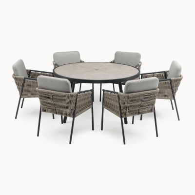 Sophia 6 Seat Rattan Aluminium Dining Set - Round Table in Mottled Grey