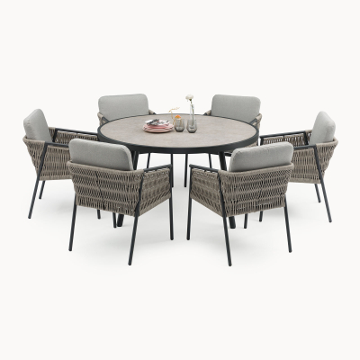 Sophia 6 Seat Rattan Aluminium Dining Set - Round Table in Mottled Grey