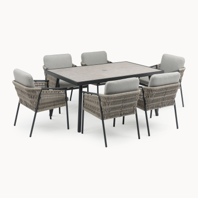 Sophia 6 Seat Rattan Aluminium Dining Set - Rectangular Table in Mottled Grey