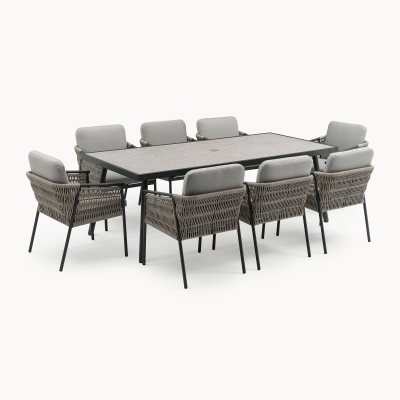 Sophia 8 Seat Rattan Aluminium Dining Set - Rectangular Table in Mottled Grey