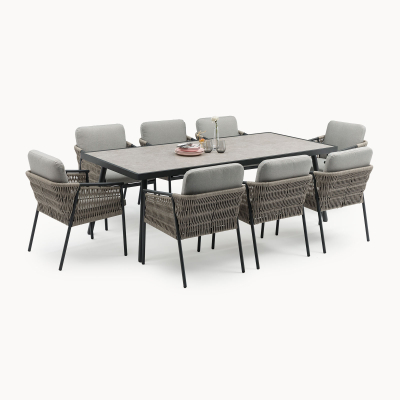 Sophia 8 Seat Rattan Aluminium Dining Set - Rectangular Table in Mottled Grey