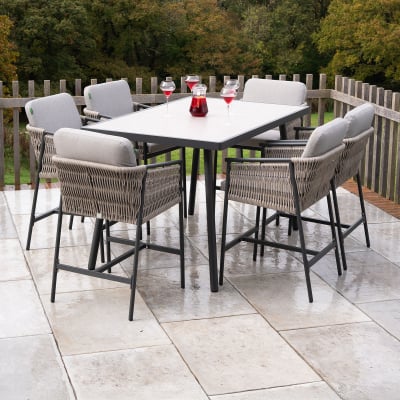 Sophia 6 Seat Rattan Aluminium High Dining Set - Rectangular Table in Mottled Grey