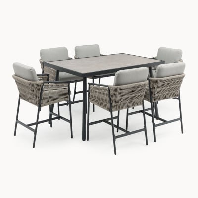 Sophia 6 Seat Rattan Aluminium High Dining Set - Rectangular Table in Mottled Grey