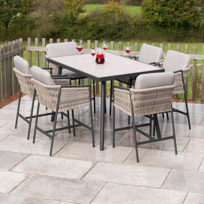 Sophia 6 Seat Rattan Aluminium High Dining Set - Rectangular Table in Mottled Grey