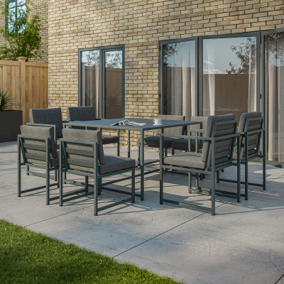 Phoebe 8 Seat Aluminium Cube Dining Set with 4 Chairs and 4 Side Chairs  - Square Table in Graphite Grey