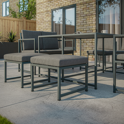 Phoebe 8 Seat Aluminium Cube Dining Set with 2 Seat Sofa, 2 Chairs 2 Side Chairs and 2 Stools - Square Table in Graphite Grey