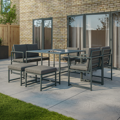 Phoebe 8 Seat Aluminium Cube Dining Set with 2 Seat Sofa, 2 Chairs 2 Side Chairs and 2 Stools - Square Table in Graphite Grey