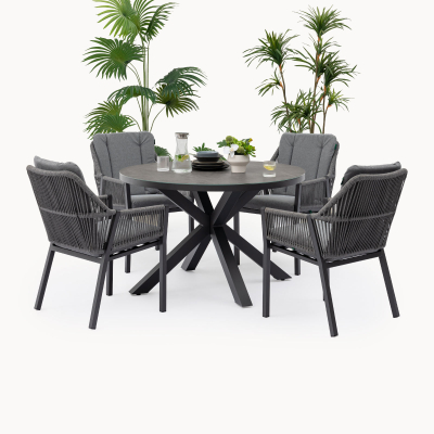 Darcey 4 Seat Rope Aluminium Dining Set - Round Table in Heron Grey