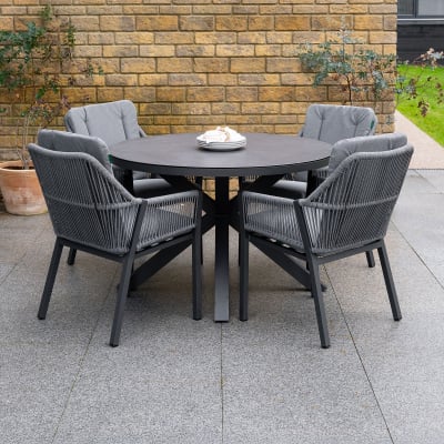 Darcey 4 Seat Rope Aluminium Dining Set - Round Table in Heron Grey