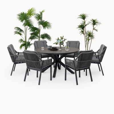 Darcey 6 Seat Rope Aluminium Dining Set - Round Table in Heron Grey