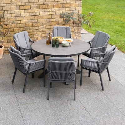 Darcey 6 Seat Rope Aluminium Dining Set - Round Table in Heron Grey