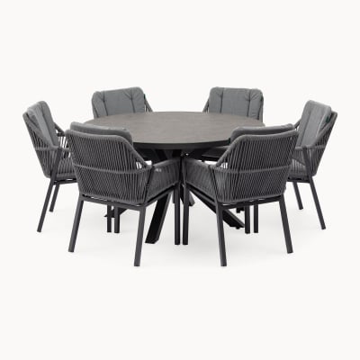 Darcey 6 Seat Rope Aluminium Dining Set - Round Table in Heron Grey