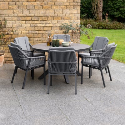 Darcey 6 Seat Rope Aluminium Dining Set - Round Table in Heron Grey