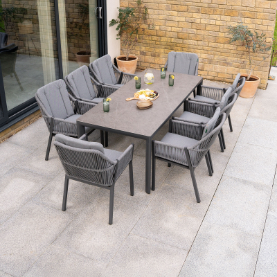 Darcey 8 Seat Rope Aluminium Dining Set - Rectangular Table in Heron Grey