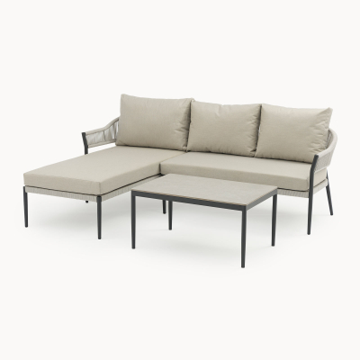 Daisy Rope Aluminium 3 Seater Right Handed Chaise Sofa Lounging Set in Cloudy Grey