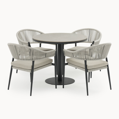 Daisy 4 Seat Rope Aluminium Dining Set - Round Table in Cloudy Grey