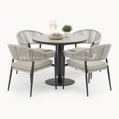 Daisy 4 Seat Rope Aluminium Dining Set - Round Table in Cloudy Grey