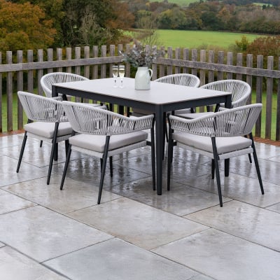 Daisy 6 Seat Rope Aluminium Dining Set - Rectangular Table in Cloudy Grey