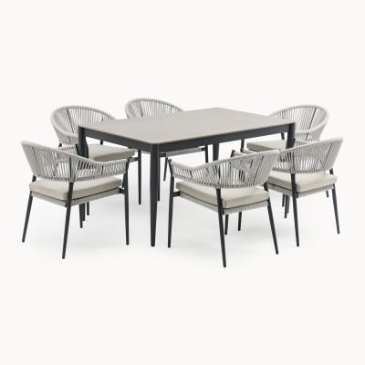 Daisy 6 Seat Rope Aluminium Dining Set - Rectangular Table in Cloudy Grey