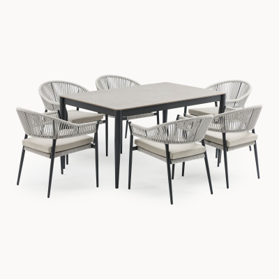 Daisy 6 Seat Rope Aluminium Dining Set - Rectangular Table in Cloudy Grey